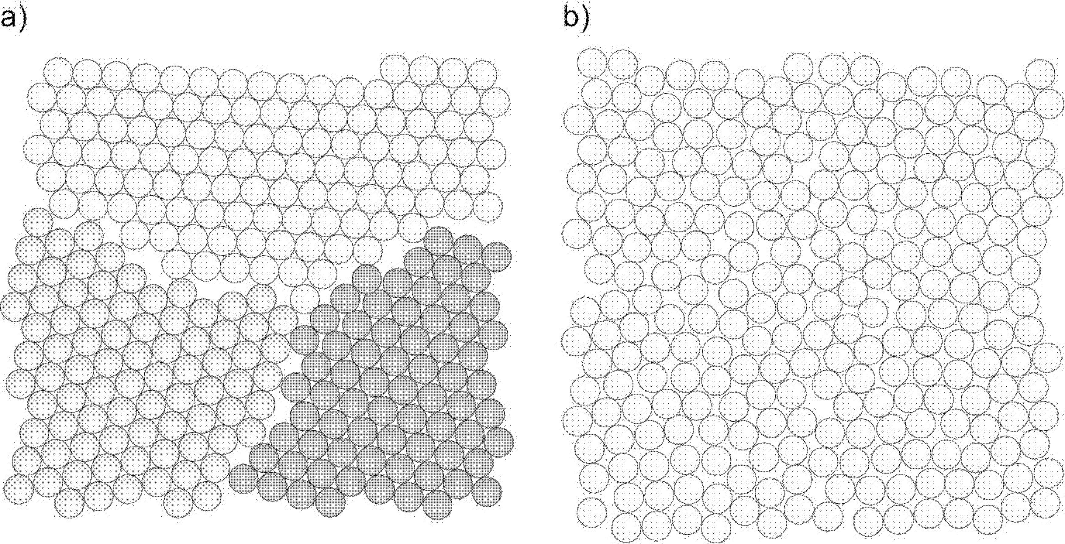 Schemat ułożenia atomów w materiale: a) polikrystalicznym – ułożenie atomów w ziarnach jest regularne i powtarzalne, b) amorficznym – ułożenie atomów nie jest regularne (brak granic ziarn)